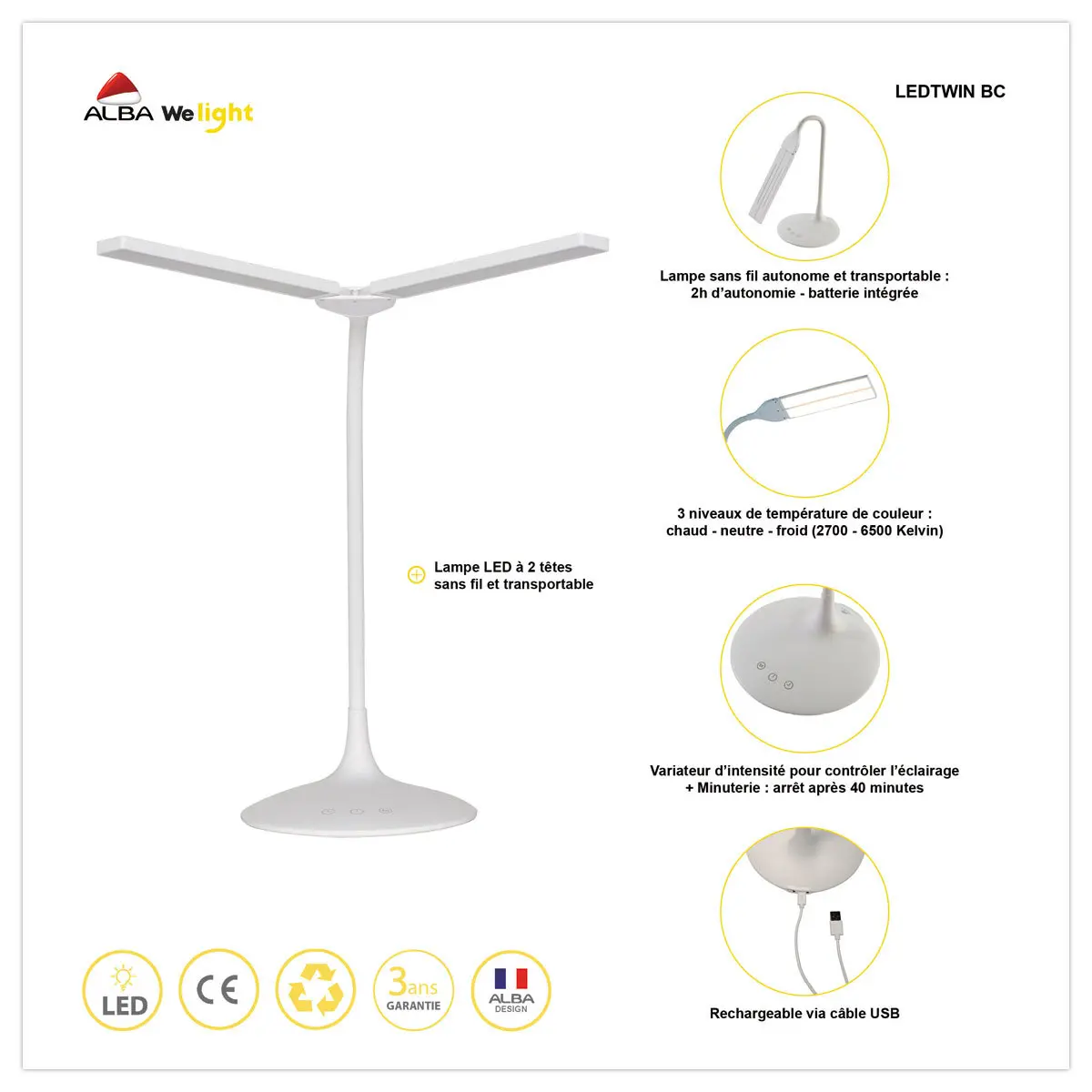Lampe Led Twin ALBA- Blanc photo du produit