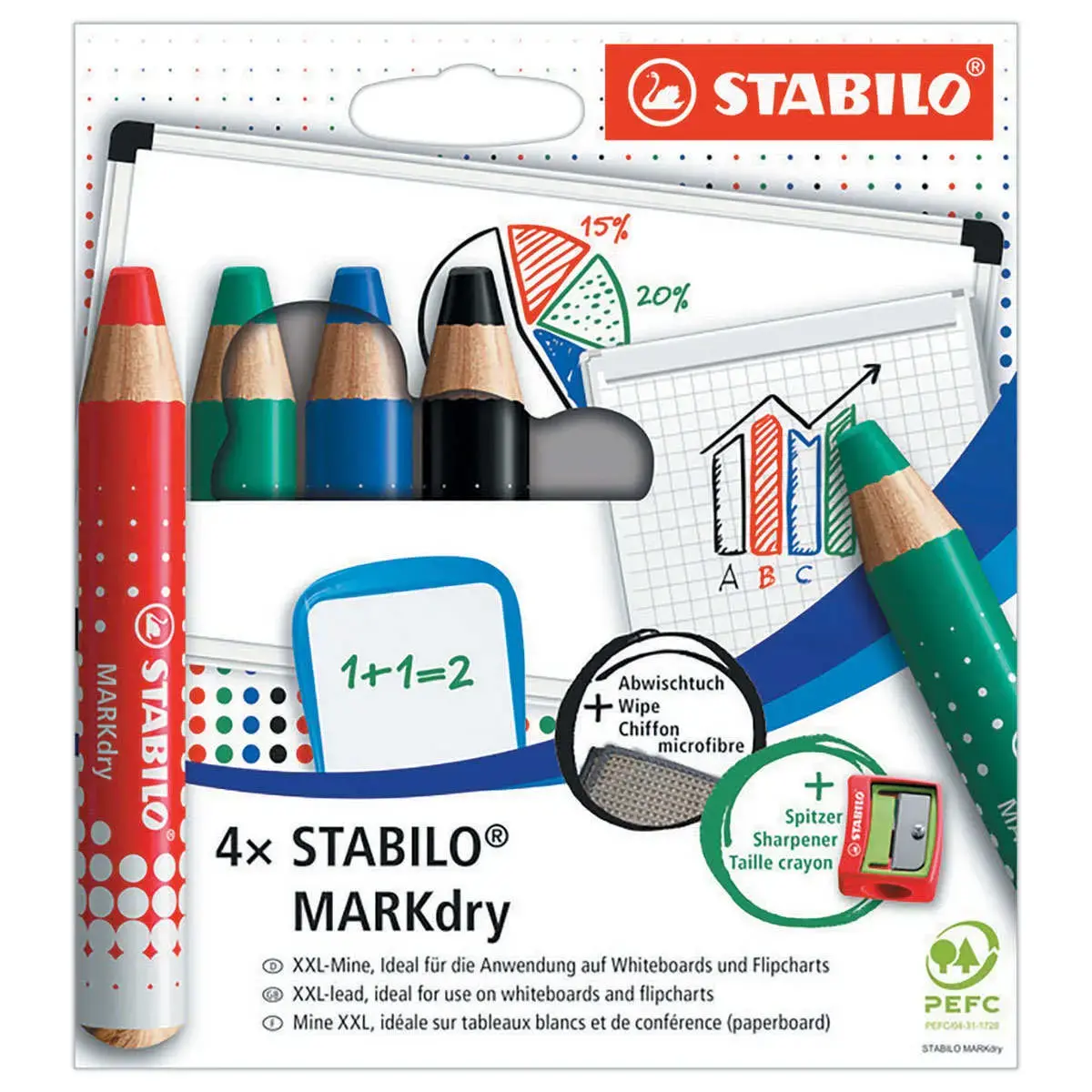 4 Crayons effaçables à sec MARKdry + chiffonnette + taille-crayon - Stabilo photo du produit