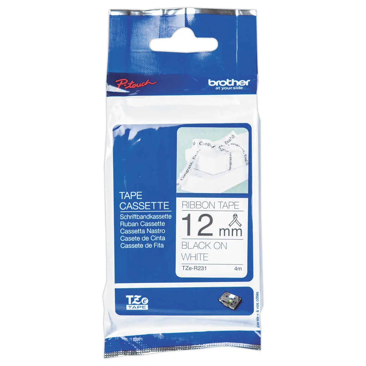 Ruban étiqueteuse Brother tissu noir sur blanc 12 mm (4m) photo du produit