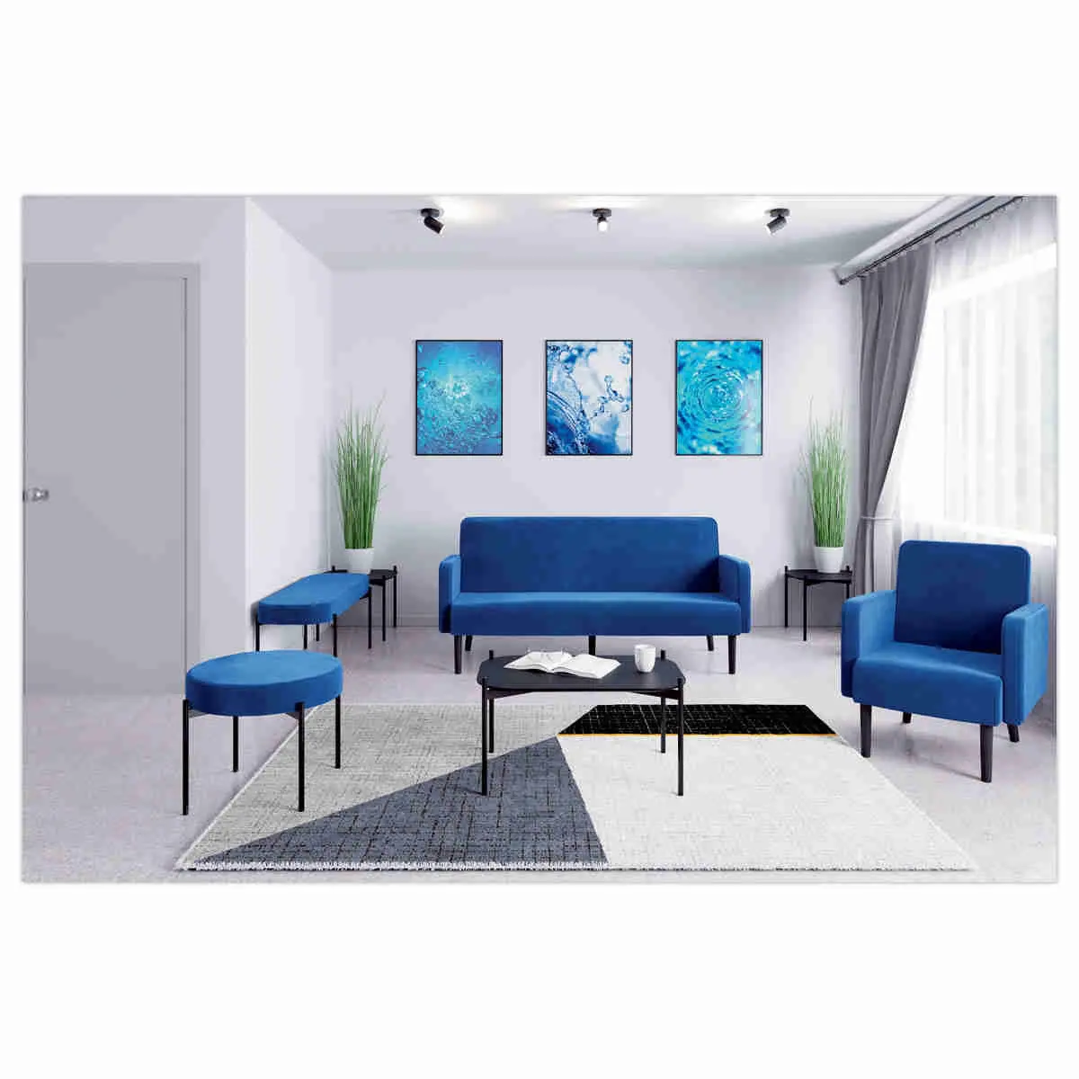 Pouf Rond GAIA D37 pieds noirs veloursbleu monté photo du produit