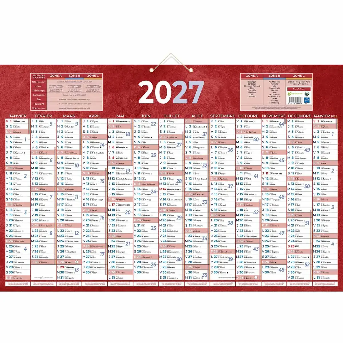 25 Calendrier banque Bouchut Rouge 13 mois- 65x43 cm - par 25 photo du produit