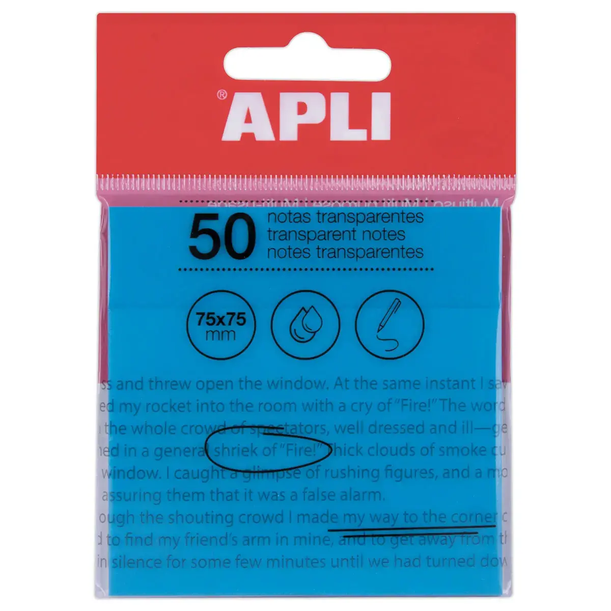 Paquet 50 feuilles de notes adh&eacute;sives transparentes 75x75 mm bleues photo du produit