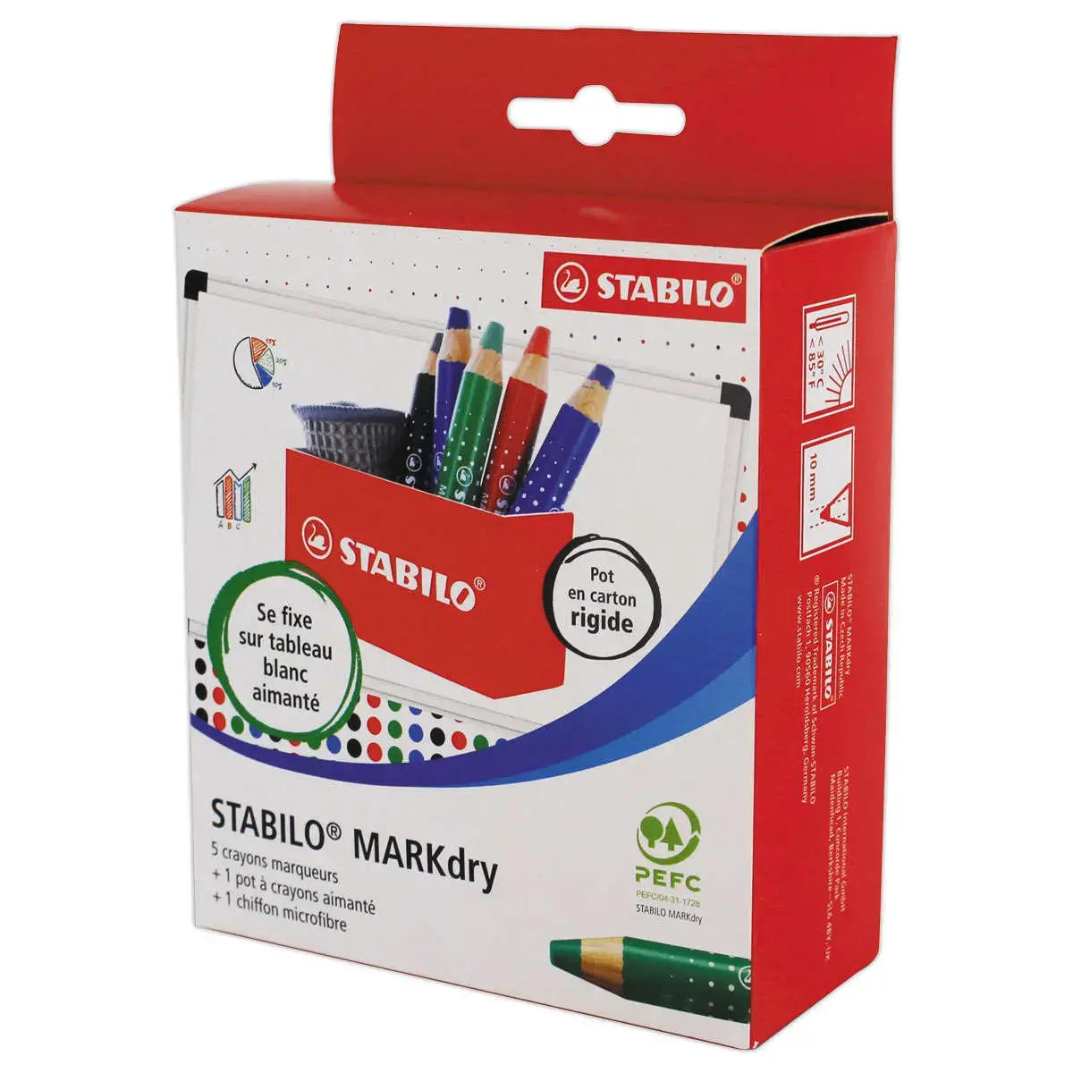 Crayons effa&ccedil;able &agrave; sec MARKdry + chiffonnette - Pot aimant&eacute; - STABILO photo du produit