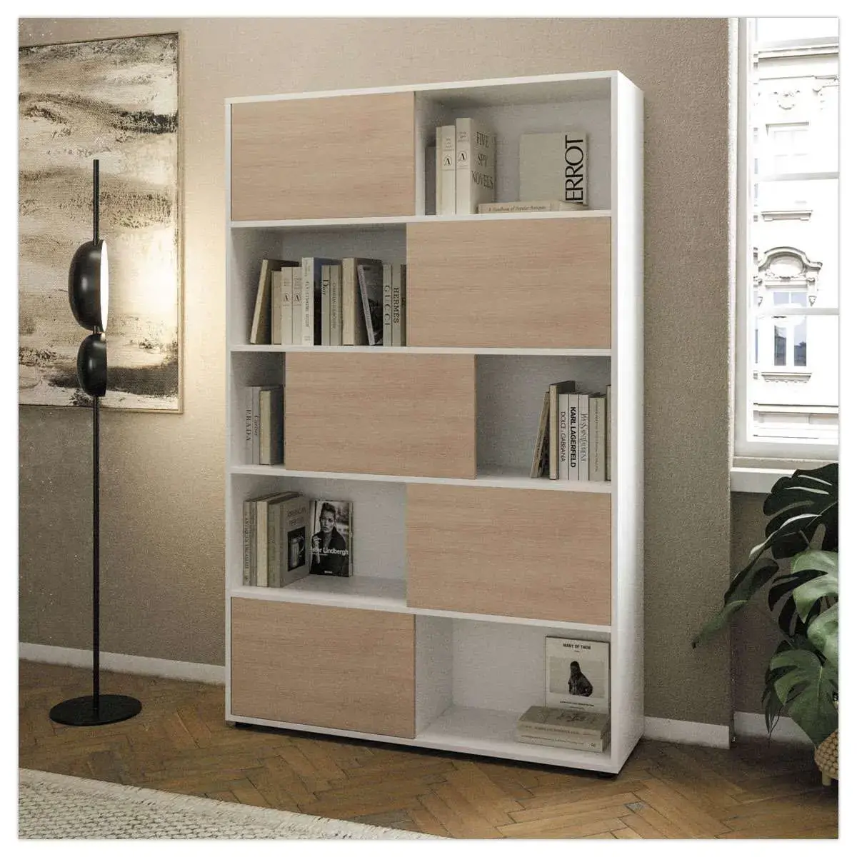 Biblioth&egrave;que blanc 10 cases 5 portes ch&ecirc;ne mont&eacute;e photo du produit