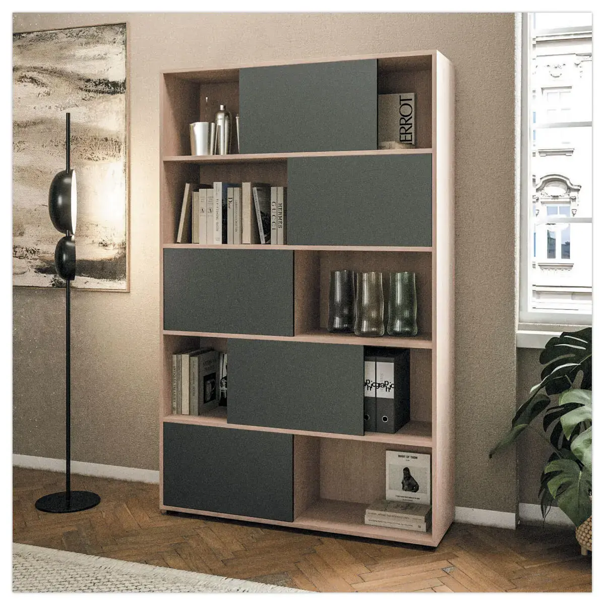 Bibliothèque chêne 10 cases 5 portes anthracite montée photo du produit