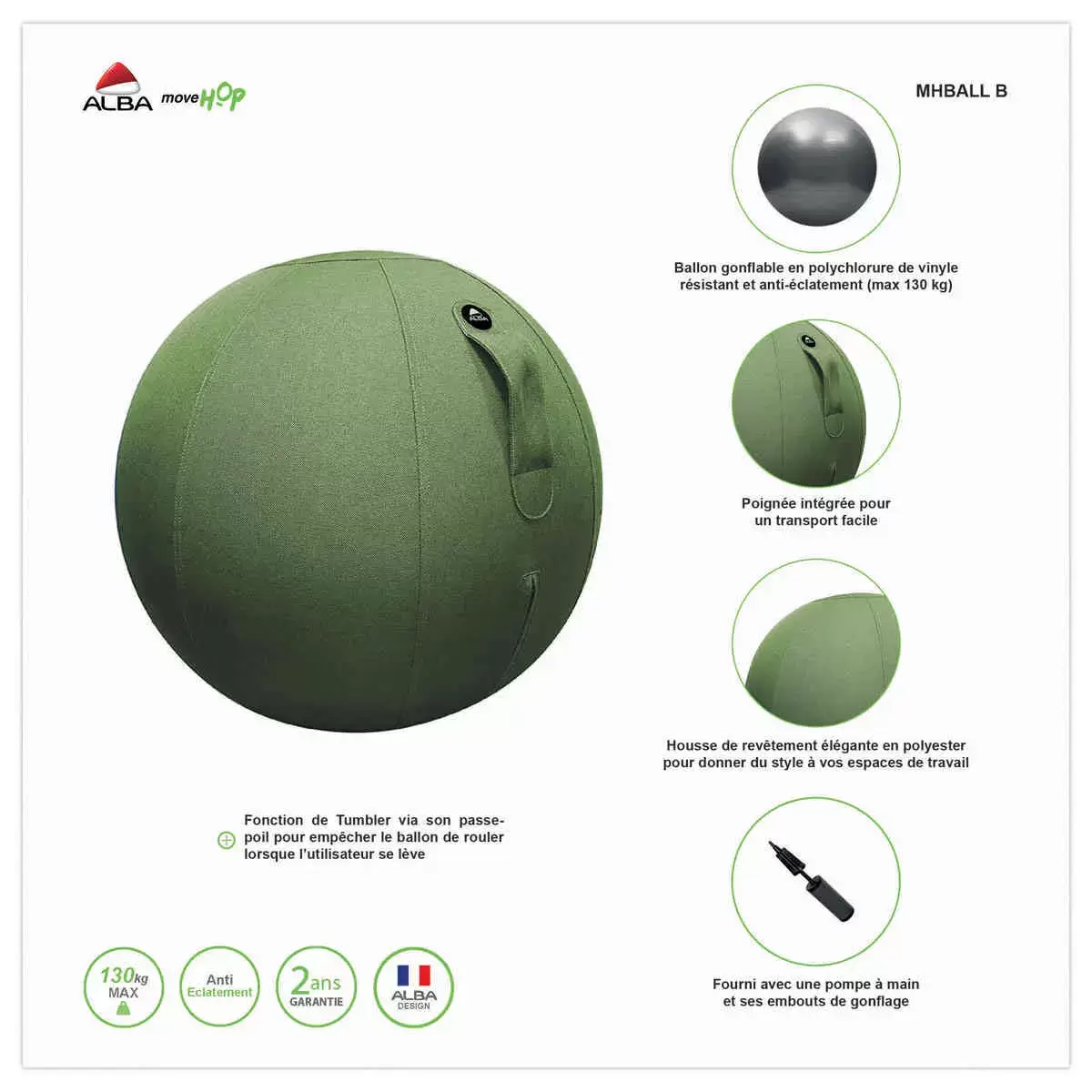 Ergoball - ballon assise ergonomique 65 cm - kaki photo du produit