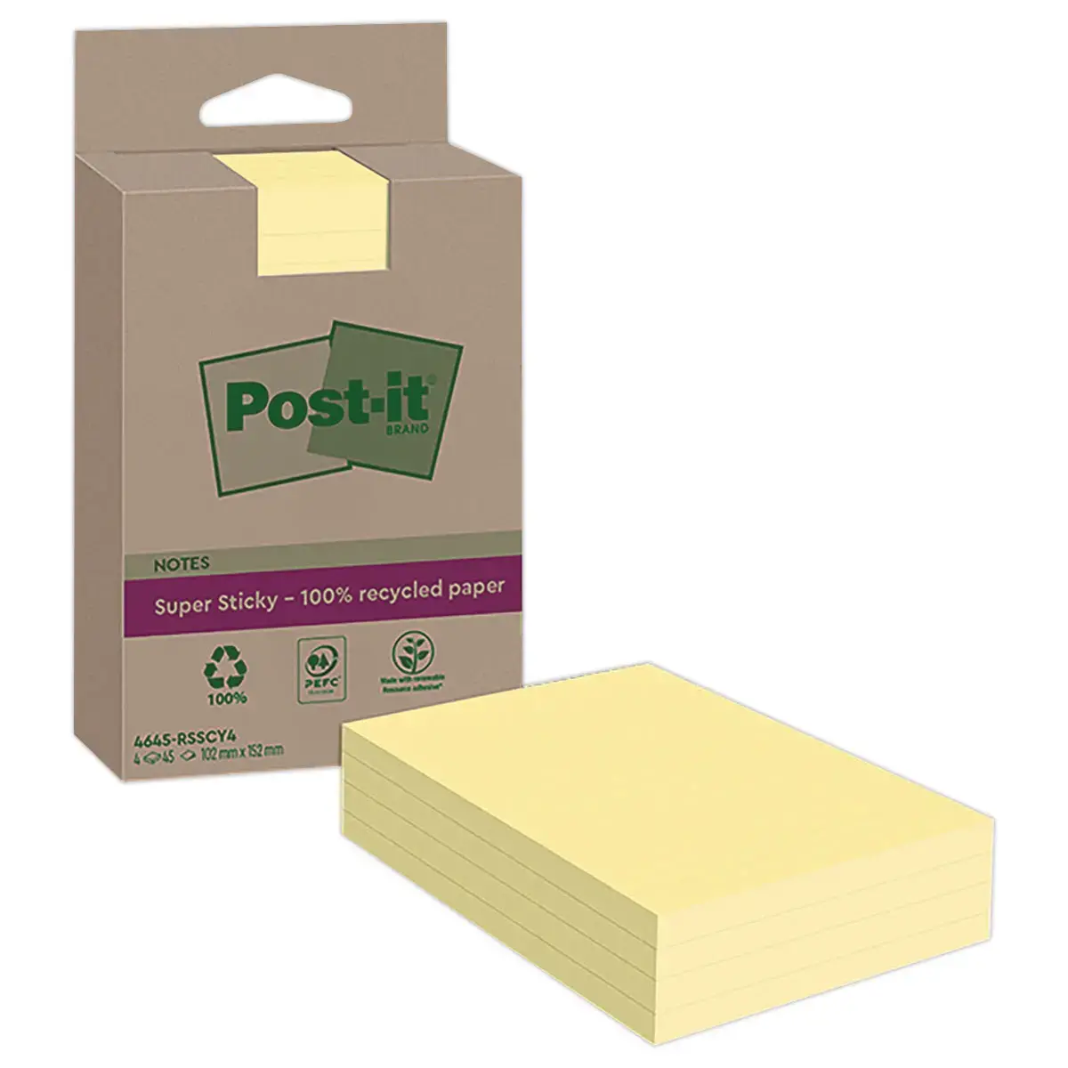 Notes grand format Super Sticky 102x152mm 4x45 feuilles - jaune photo du produit