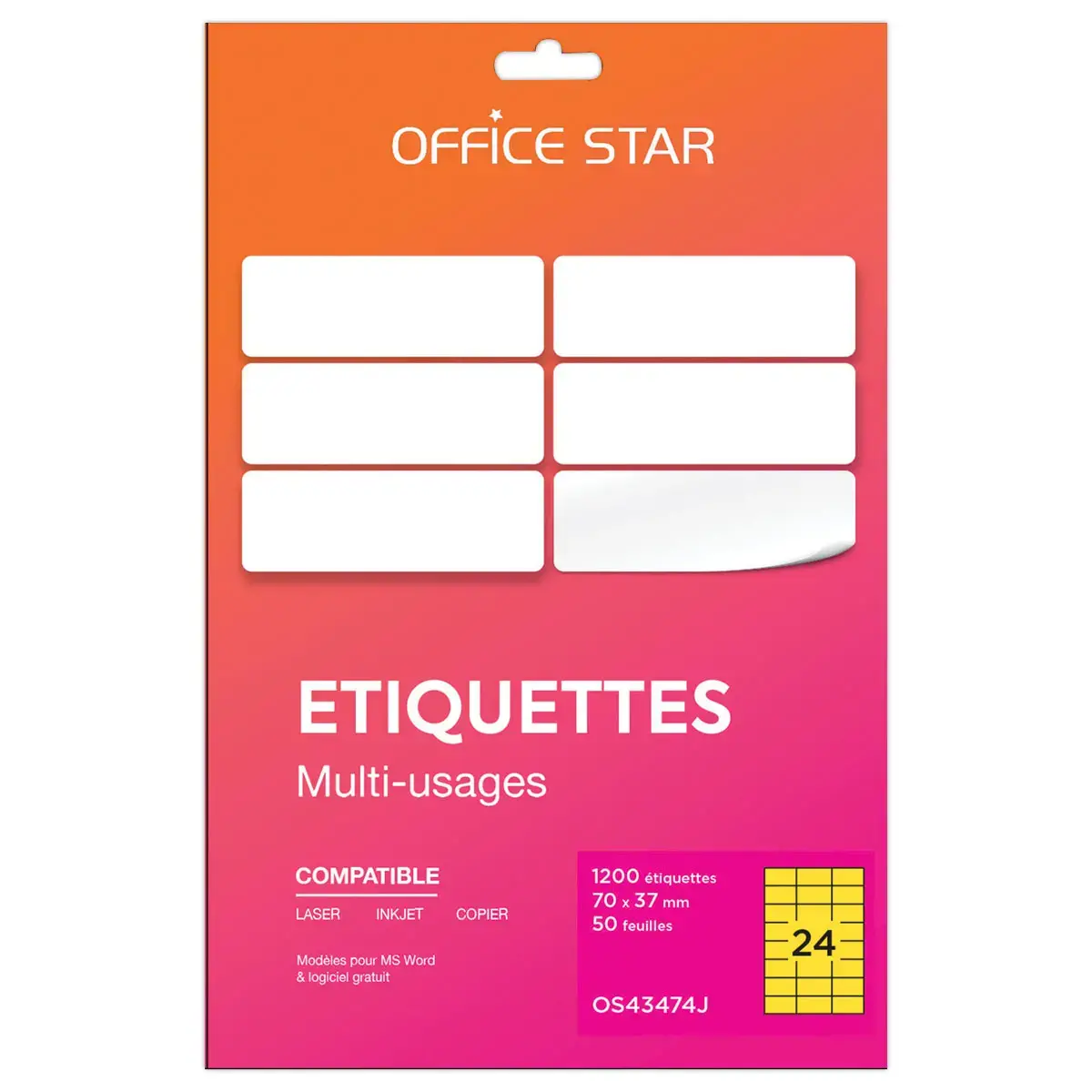 50 Planches &eacute;tiquettes L70xH37mm, 1200 &eacute;tiq/ bo&icirc;te, jaune photo du produit