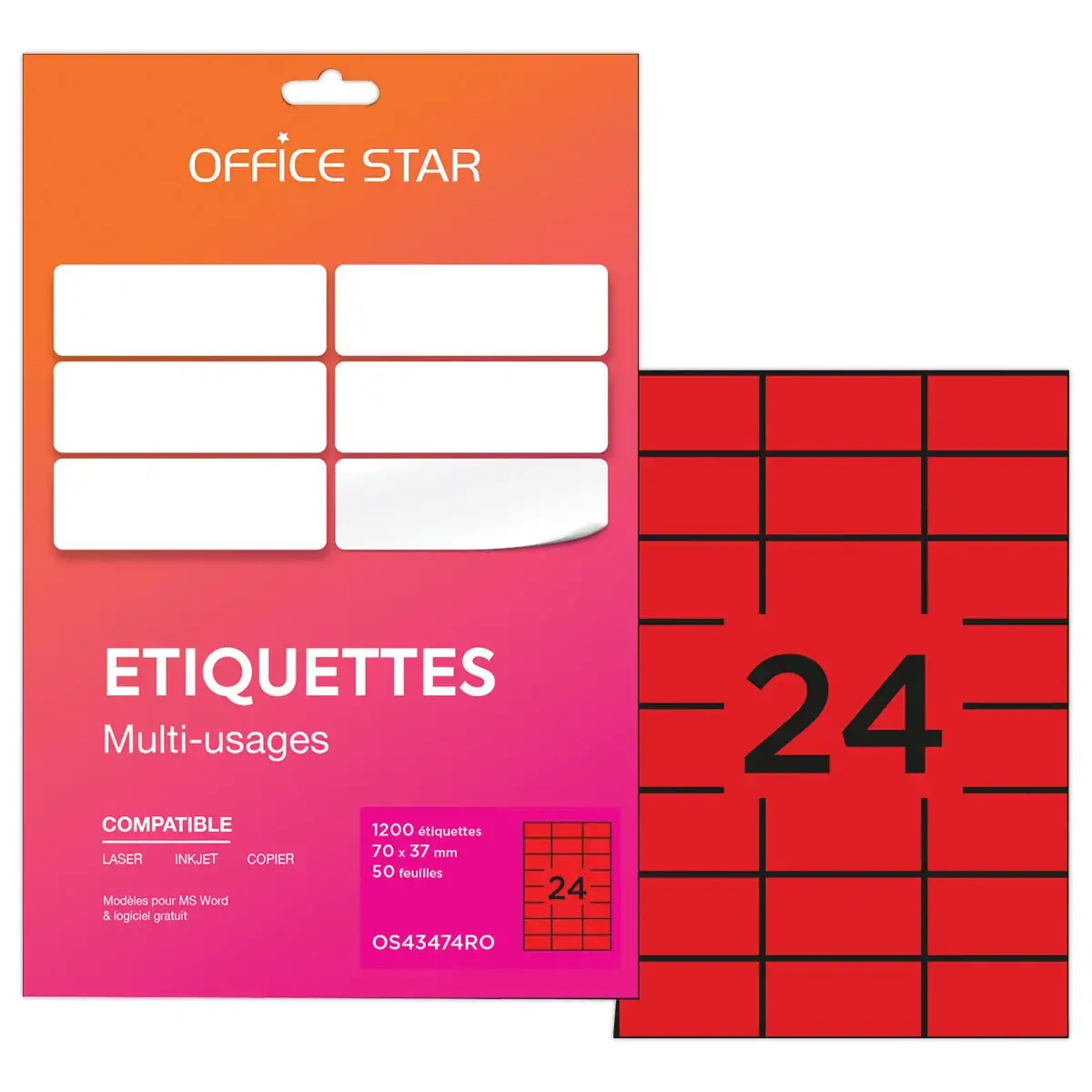 50 Planches &eacute;tiquettes L70xH37mm, 1200 &eacute;tiq/ bo&icirc;te, rouge photo du produit
