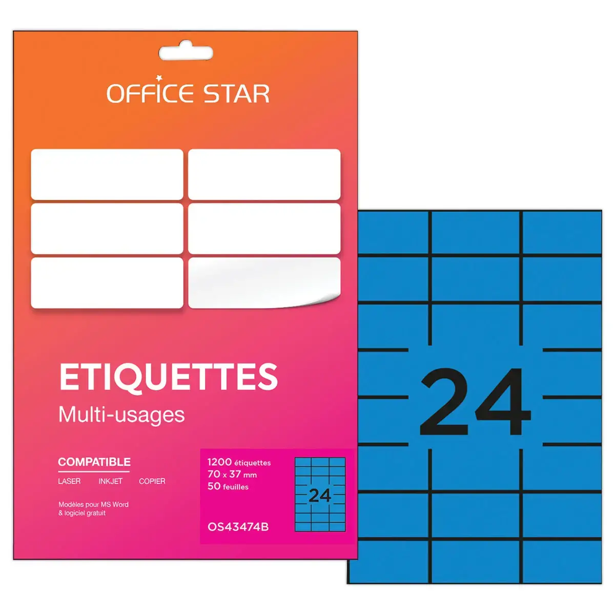 50 Planches étiquettes L70xH37mm, 1200 étiq/ boîte, bleu photo du produit