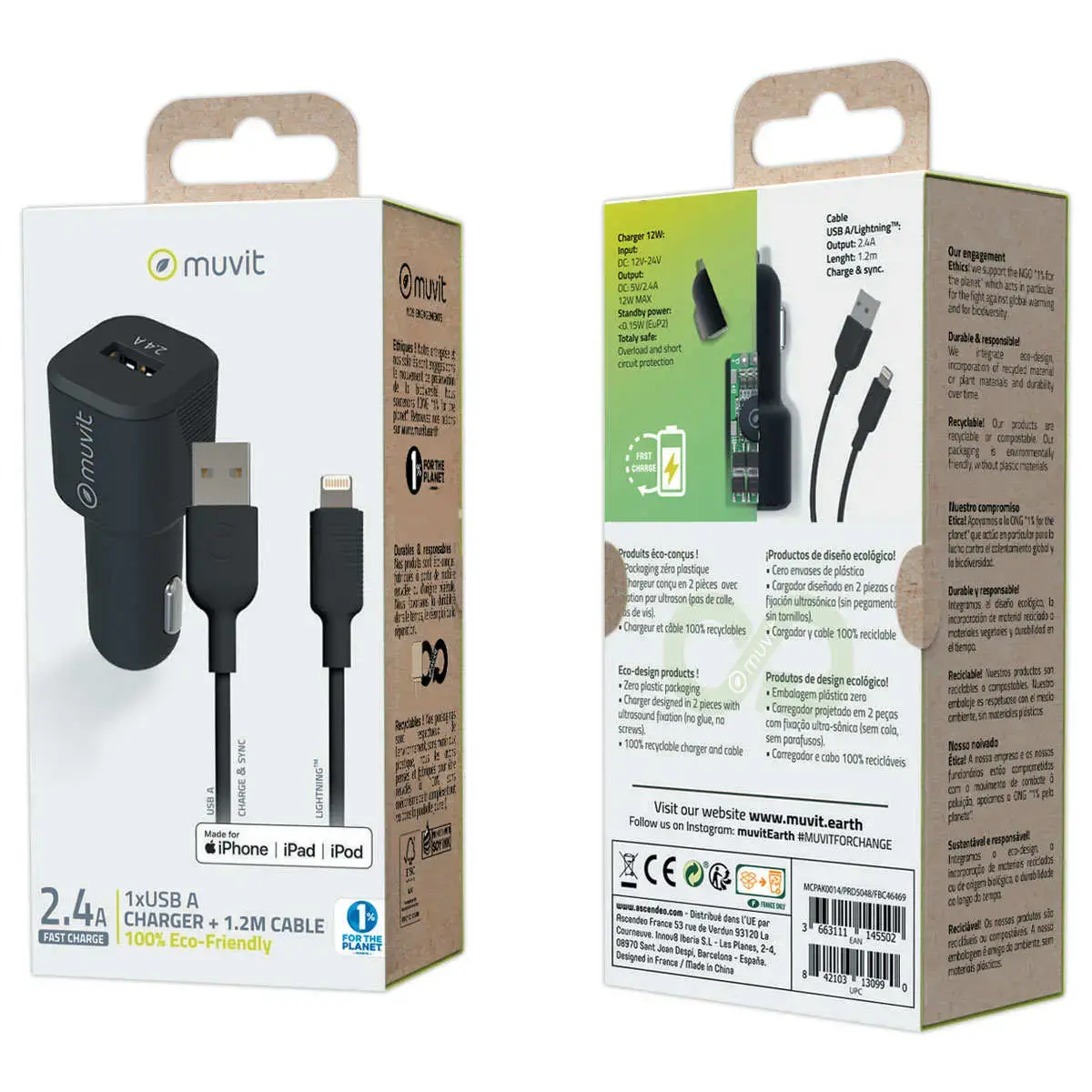 Chargeur voiture 12 W + Câble lightning 1.2 M - Entrée 12-24 V. - Muvit photo du produit