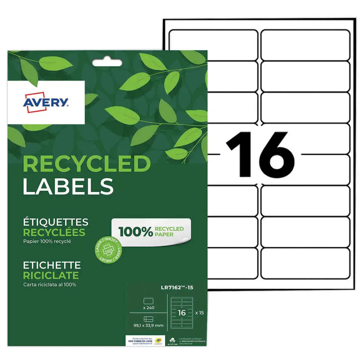 15 Planches &eacute;tiquettes recycl&eacute;es blanches99,1 x 33,9 mm photo du produit