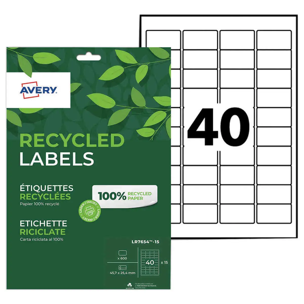 Boite de 15 planches étiquettes recyclées blanches45,7 x 25,4 mm photo du produit