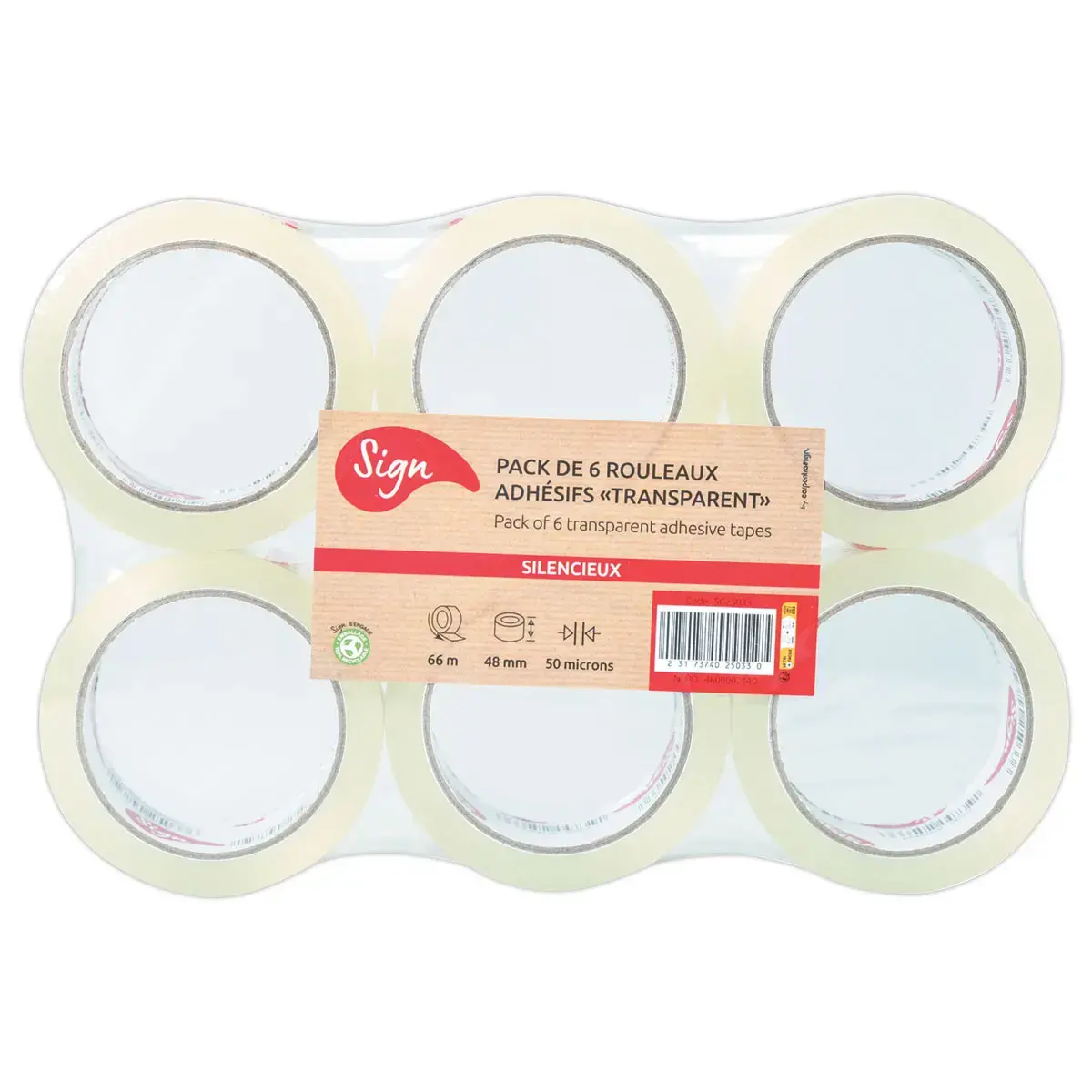 6 Rouleaux d'adhésif d'emballage - 66 m x 48 mm - 50µ - Transparent - SIGN photo du produit