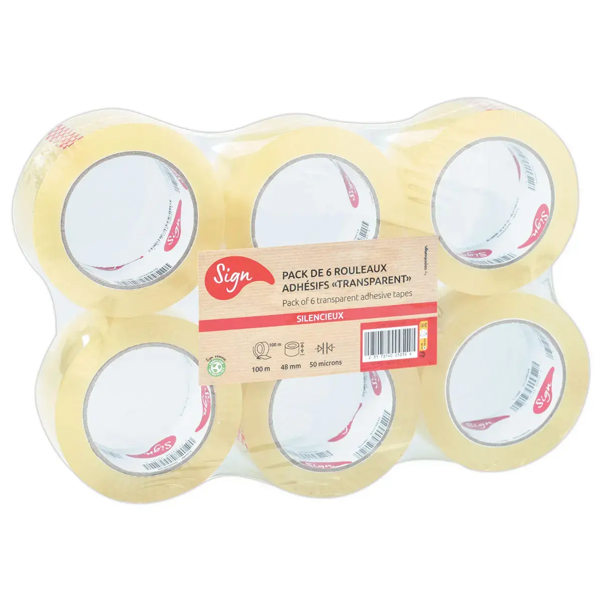 6 Rouleaux d'adh&eacute;sif d'emballage - 100 m x 48 mm - 50&micro; - Transparent - SIGN photo du produit
