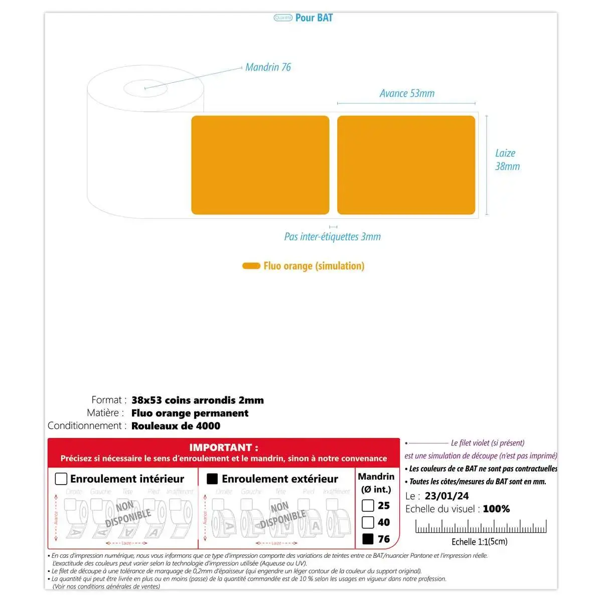 RL 4000 ETIQ 38X53MM ORANGE FLUO PERMANENT - mandrin 76 photo du produit