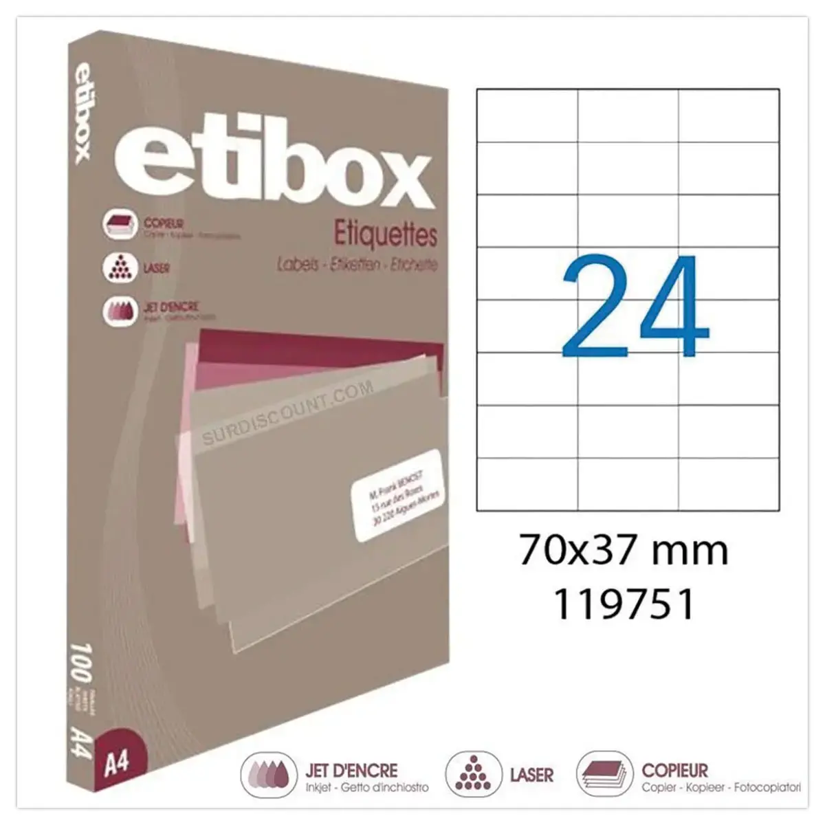 Boite de 100 Planches d'étiquettes MU Etibox coins carrés 70X37mm 2400 étiq/bte photo du produit