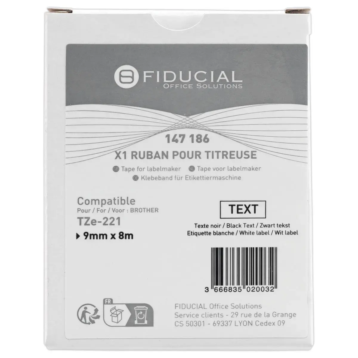Ruban comp Brother TZE 221 9mm blanc impression noire photo du produit