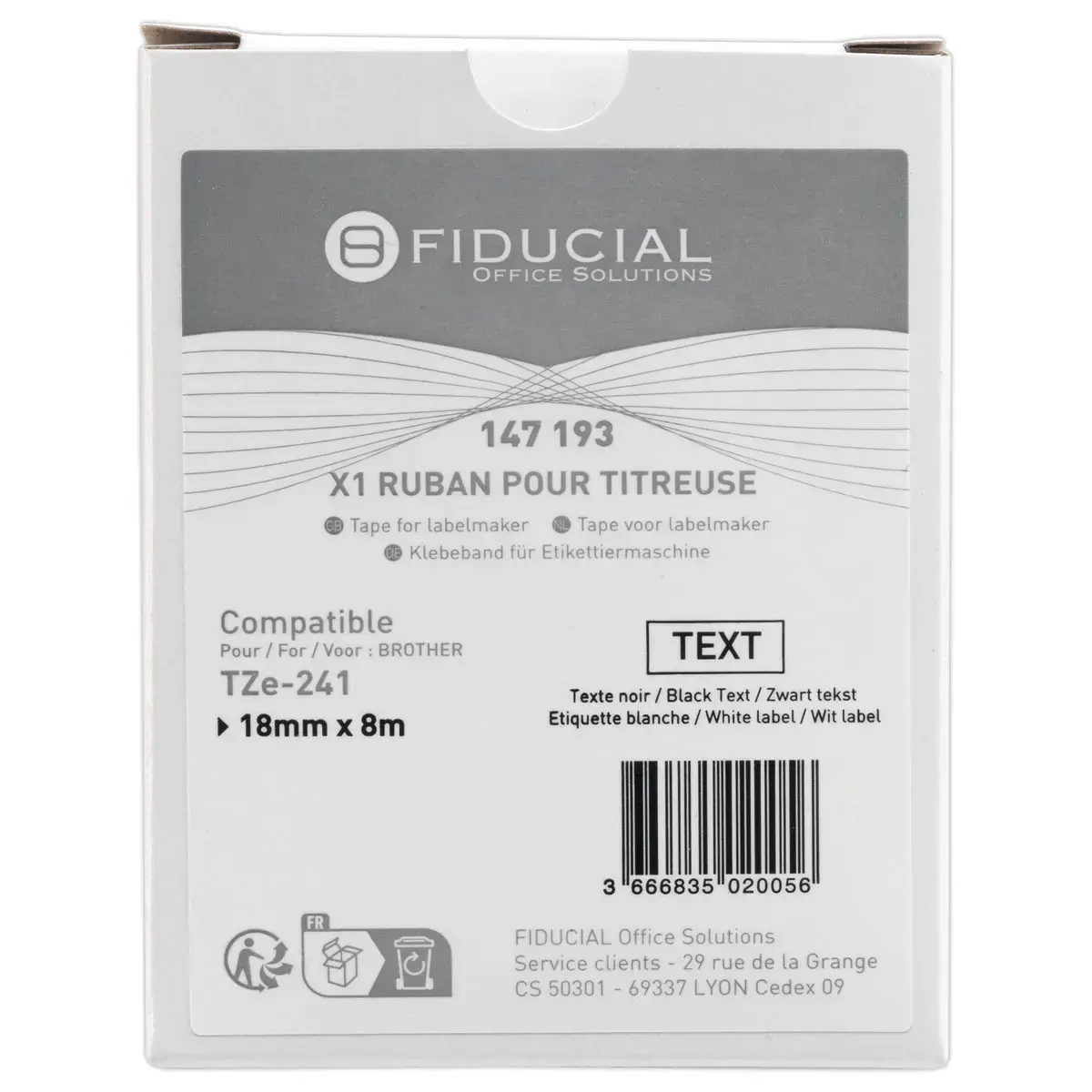 Ruban comp Brother TZE 241 18mm blanc impression noire photo du produit