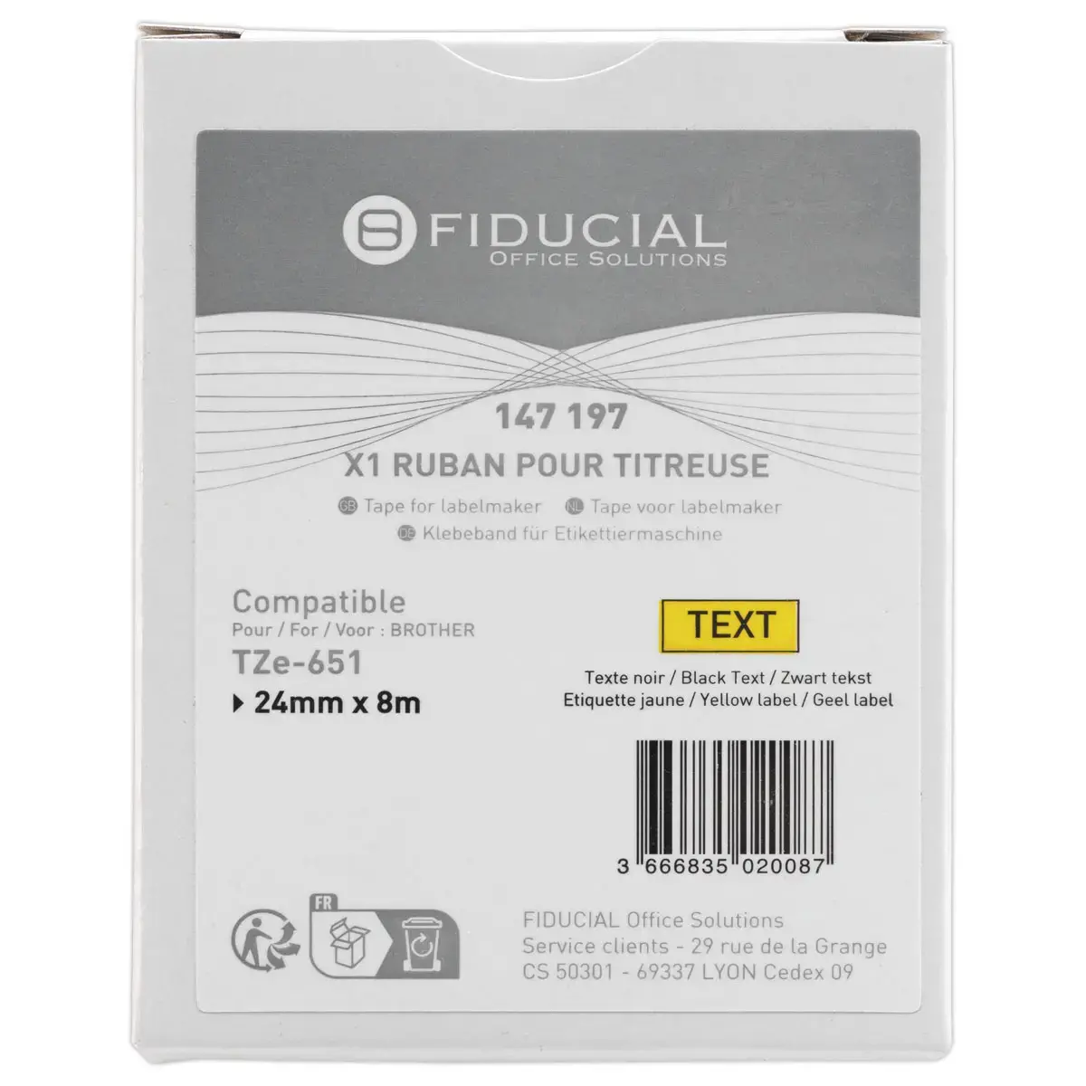 Ruban comp Brother TZE 651 24mm jaune impression noire photo du produit