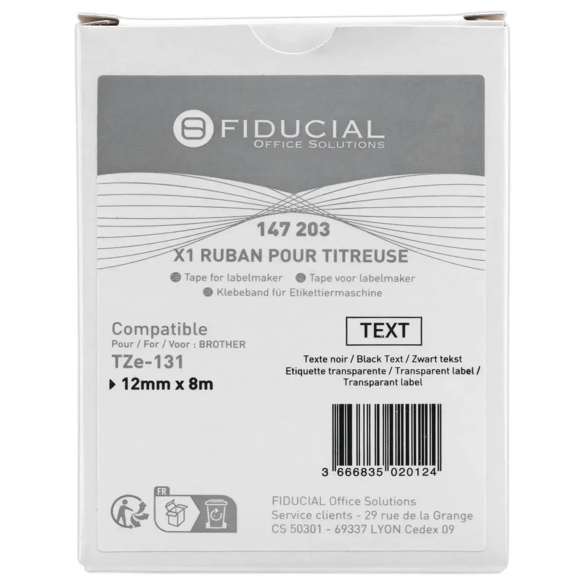Ruban comp Brother TZE 131 12mm transparent impression noire photo du produit