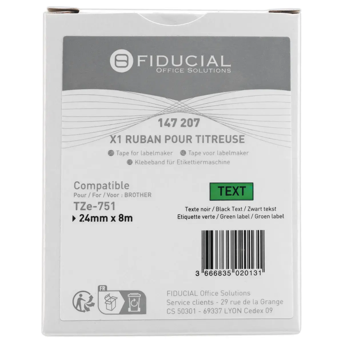 Ruban comp Brother TZE 751 24mm - noir/vert photo du produit