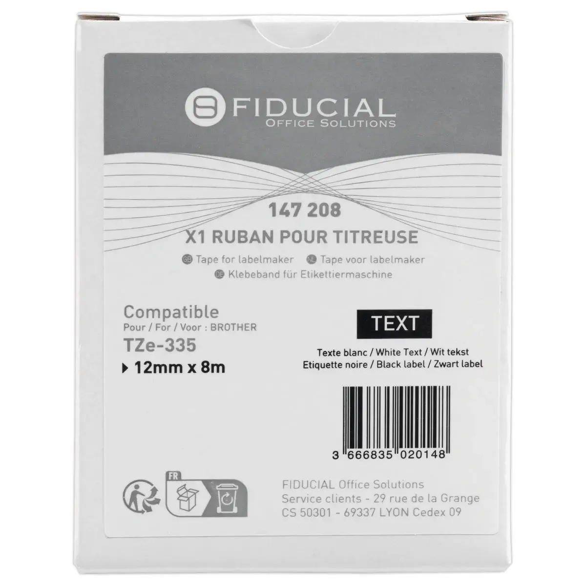 Ruban comp BROTHER TZE 335 12mm noir impression blanc photo du produit