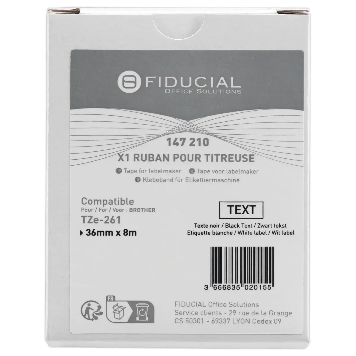 Ruban comp BROTHER TZE 261 36mm blanc impression noire photo du produit