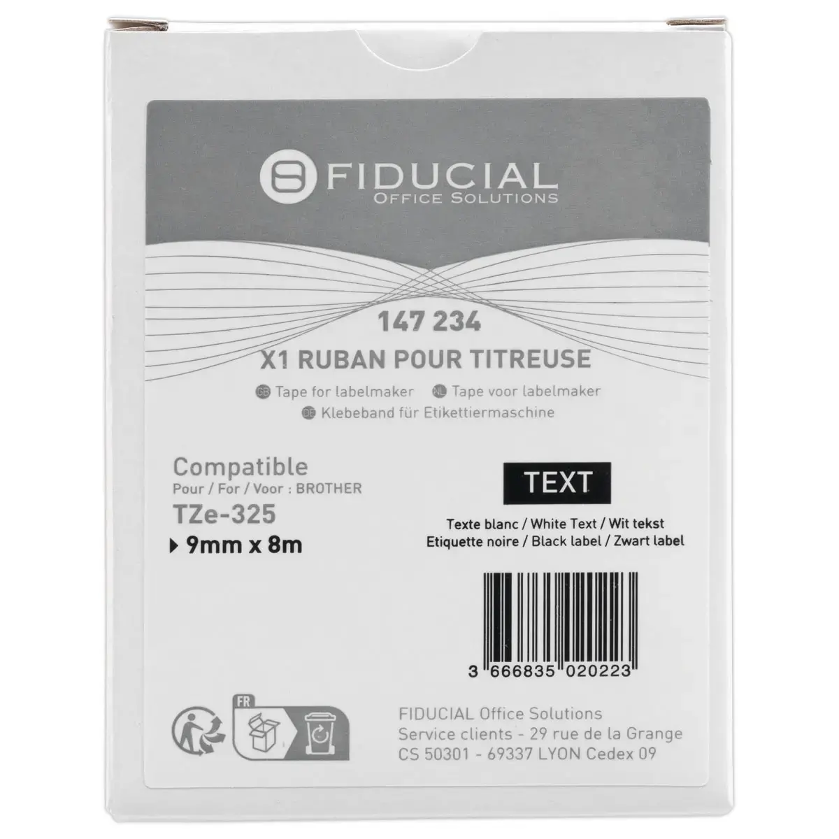 Ruban comp BROTHER TZE 325 9mm noir impression blanc photo du produit