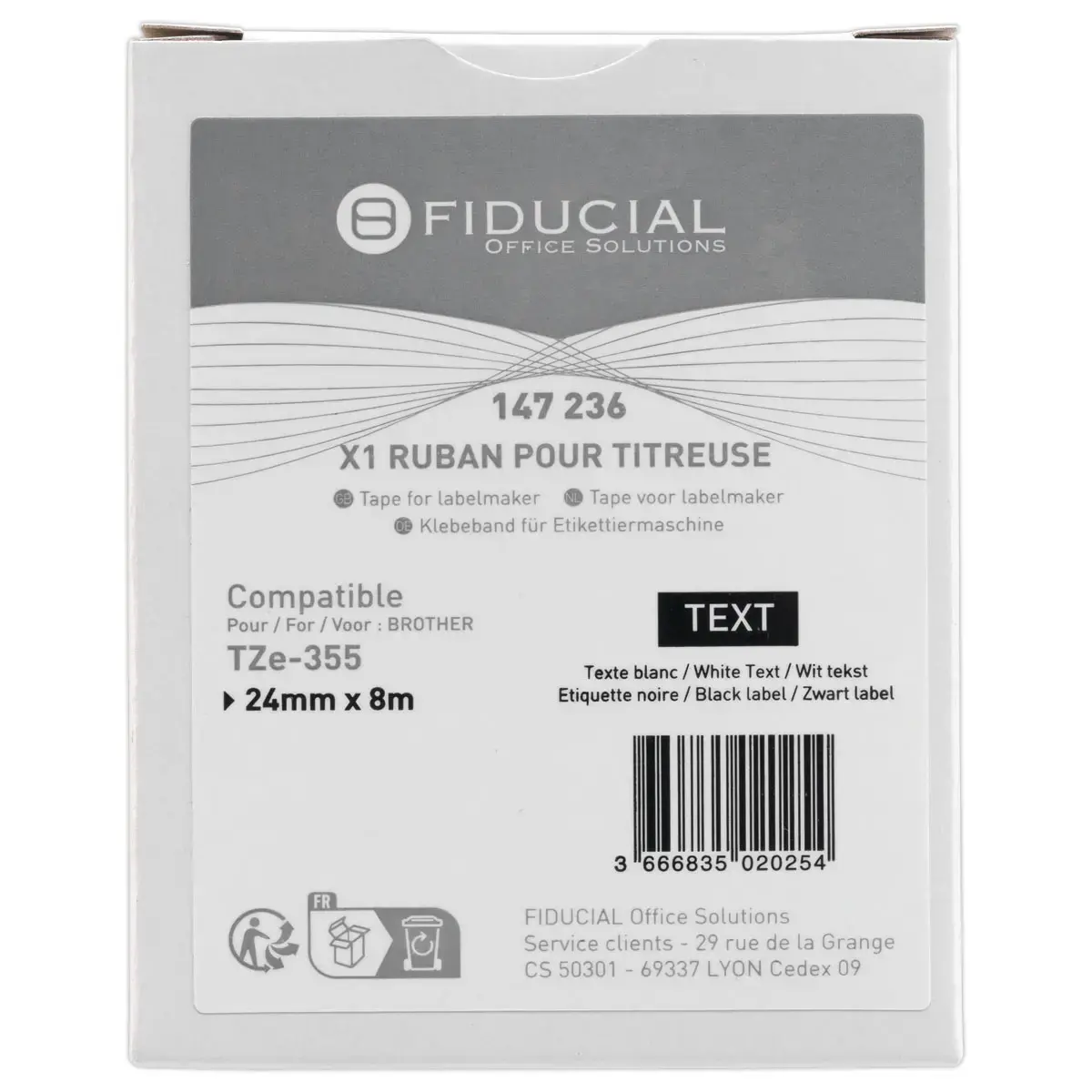 Ruban comp Brother TZE 355 24mm - blanc/noir photo du produit