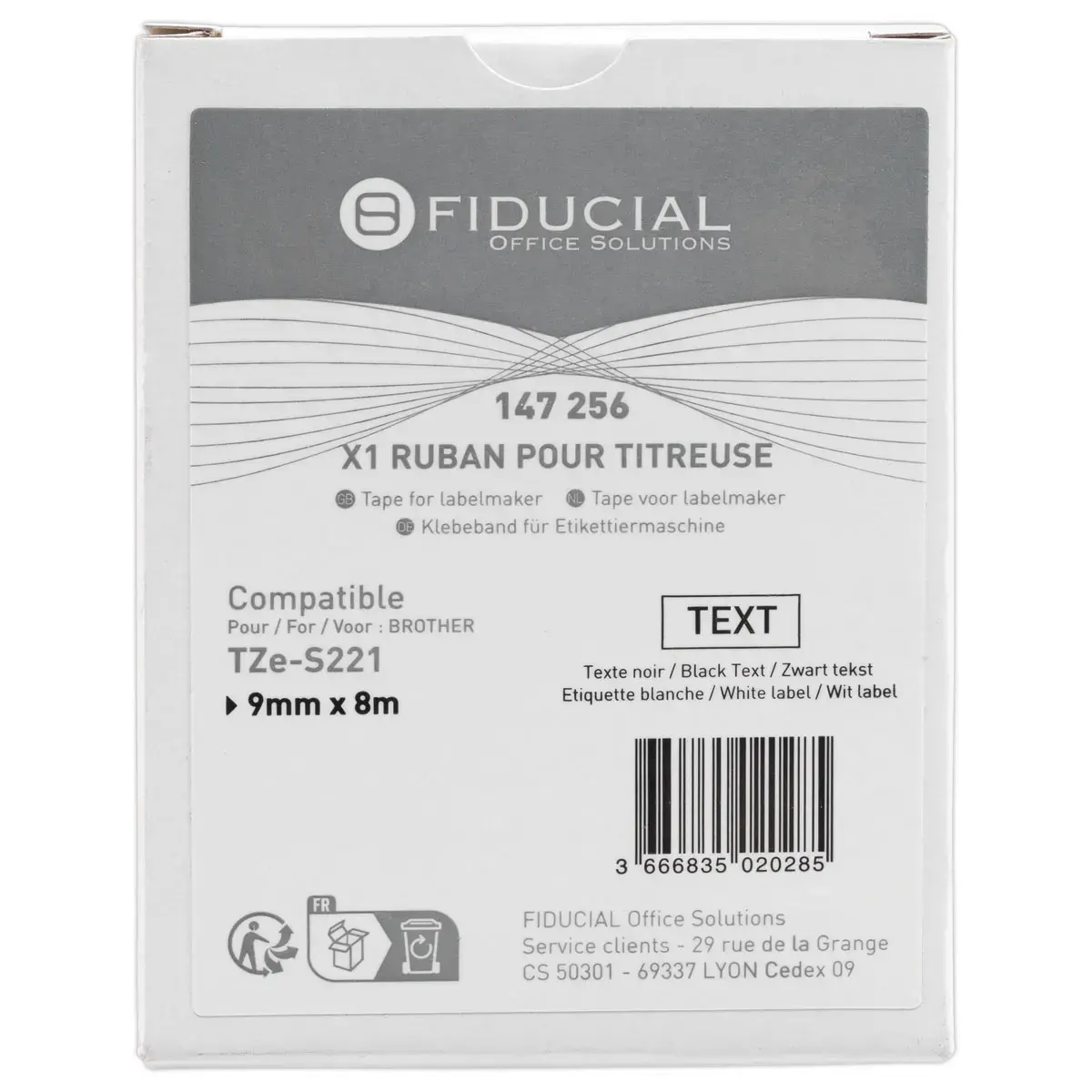 Ruban comp BROTHER TZE S221 cassette 9mm noir / blanc photo du produit