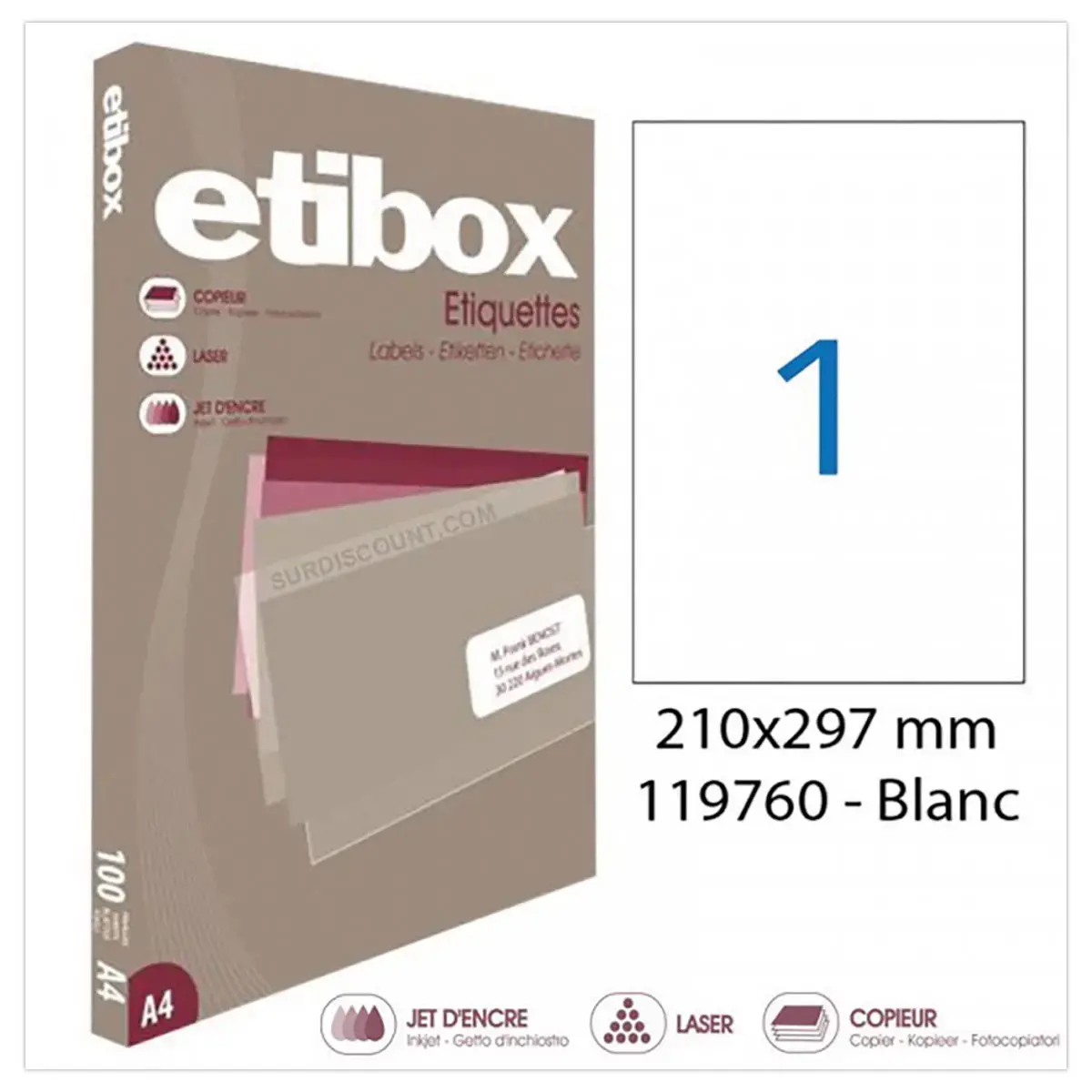 100 Planche d'étiquettes ETIBOX coins droits 210x297mm 100 étiq/boît photo du produit