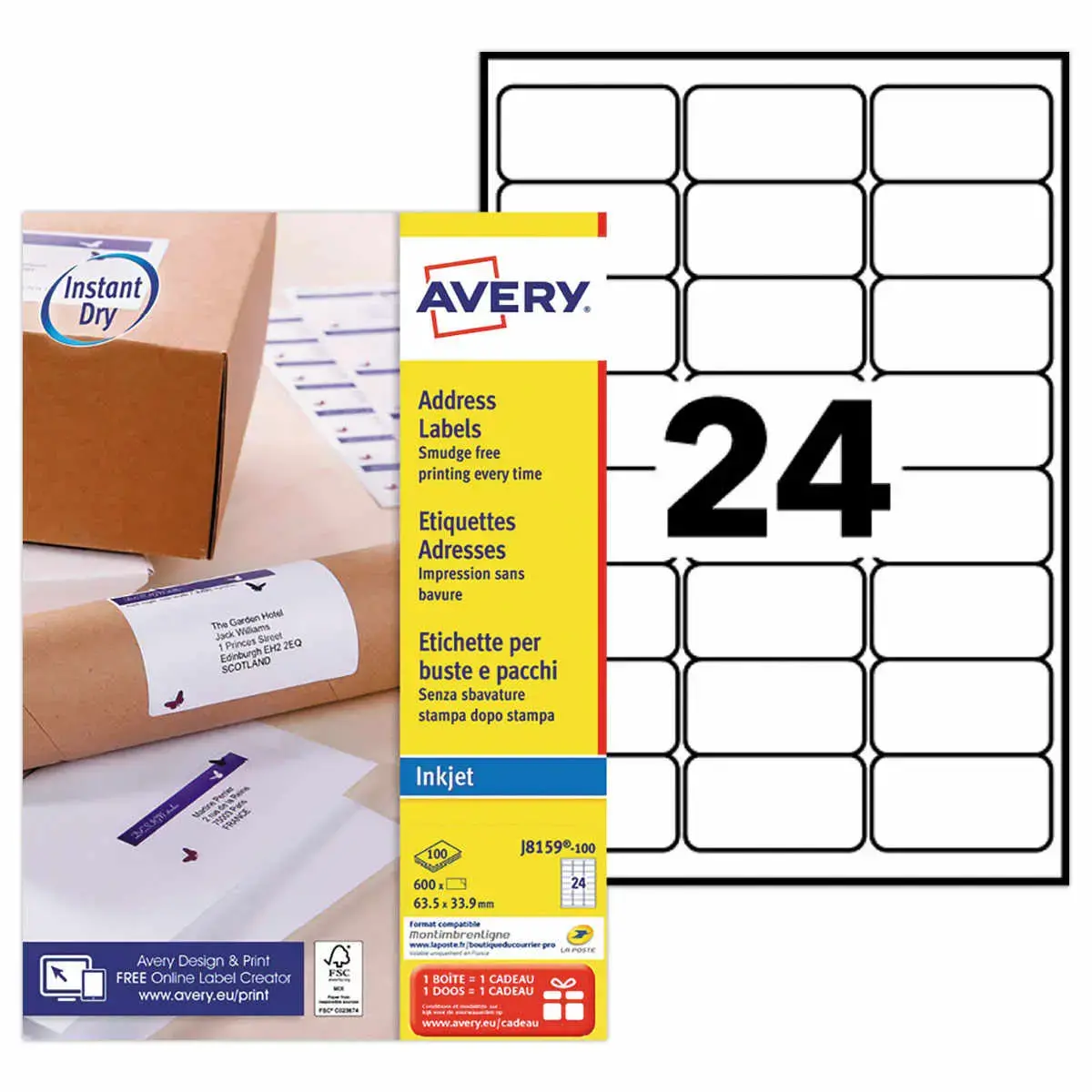 100 Etiquettes adresses Jet d'encre blanche 63.5 x 33.9mm photo du produit