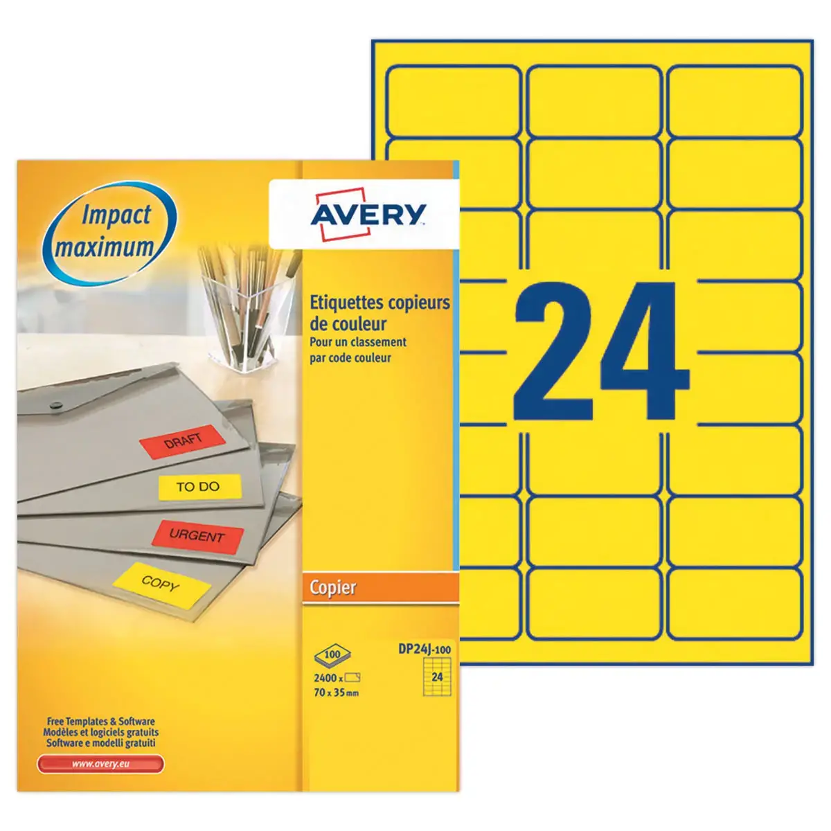 2400 &eacute;Tiquettes multi-usages Photocopieur jaunes fluo 70 x 35 mm photo du produit
