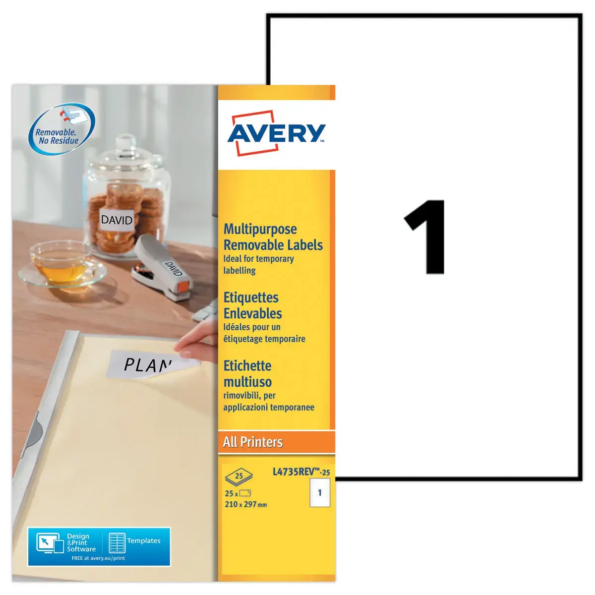 Planches de 25 étiquettes enlevables blanche Avery 210 x 297mm photo du produit