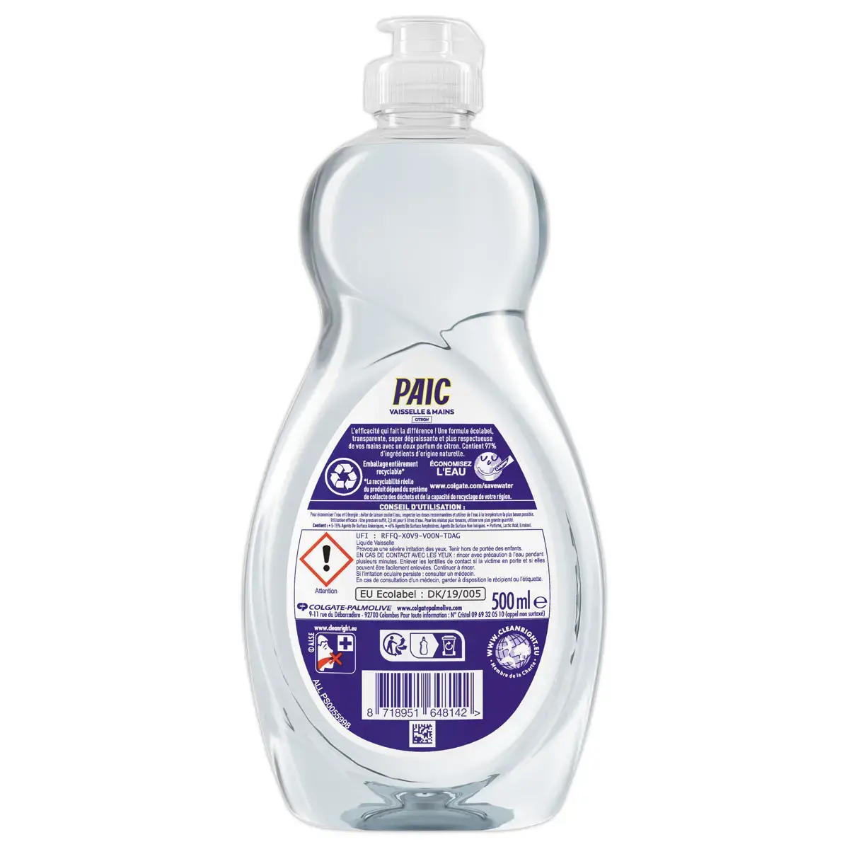 Flacon de liquide vaisselle Paic vaisselle et mains ecolabel 500ml photo du produit