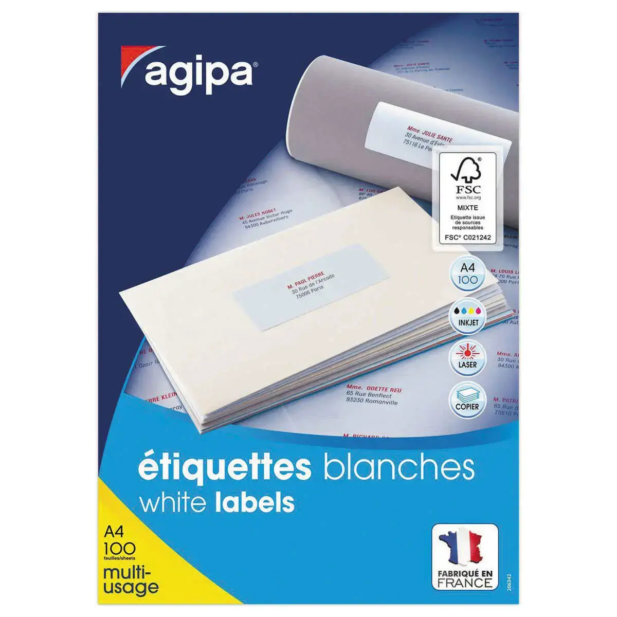 100 Planches d'étiquettes A4 multi-usages 210x99mm soit 300 étiq blanches photo du produit
