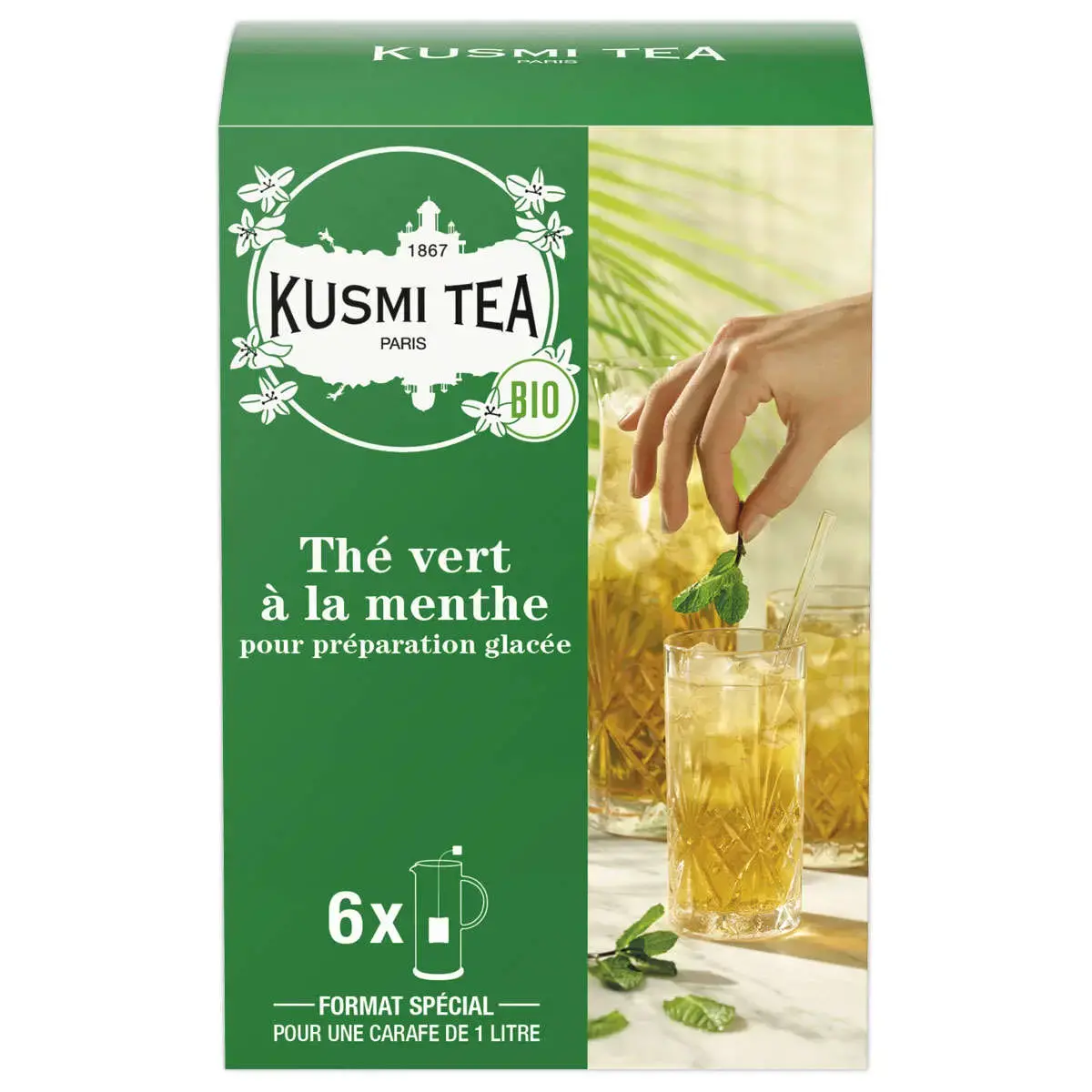 Boîte de 6 grands sachets de thé vert menthe bio photo du produit