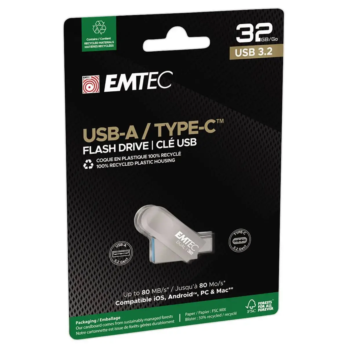 Cl&eacute; USB double connectique 2.0 USB-A/USB-C 32Go photo du produit