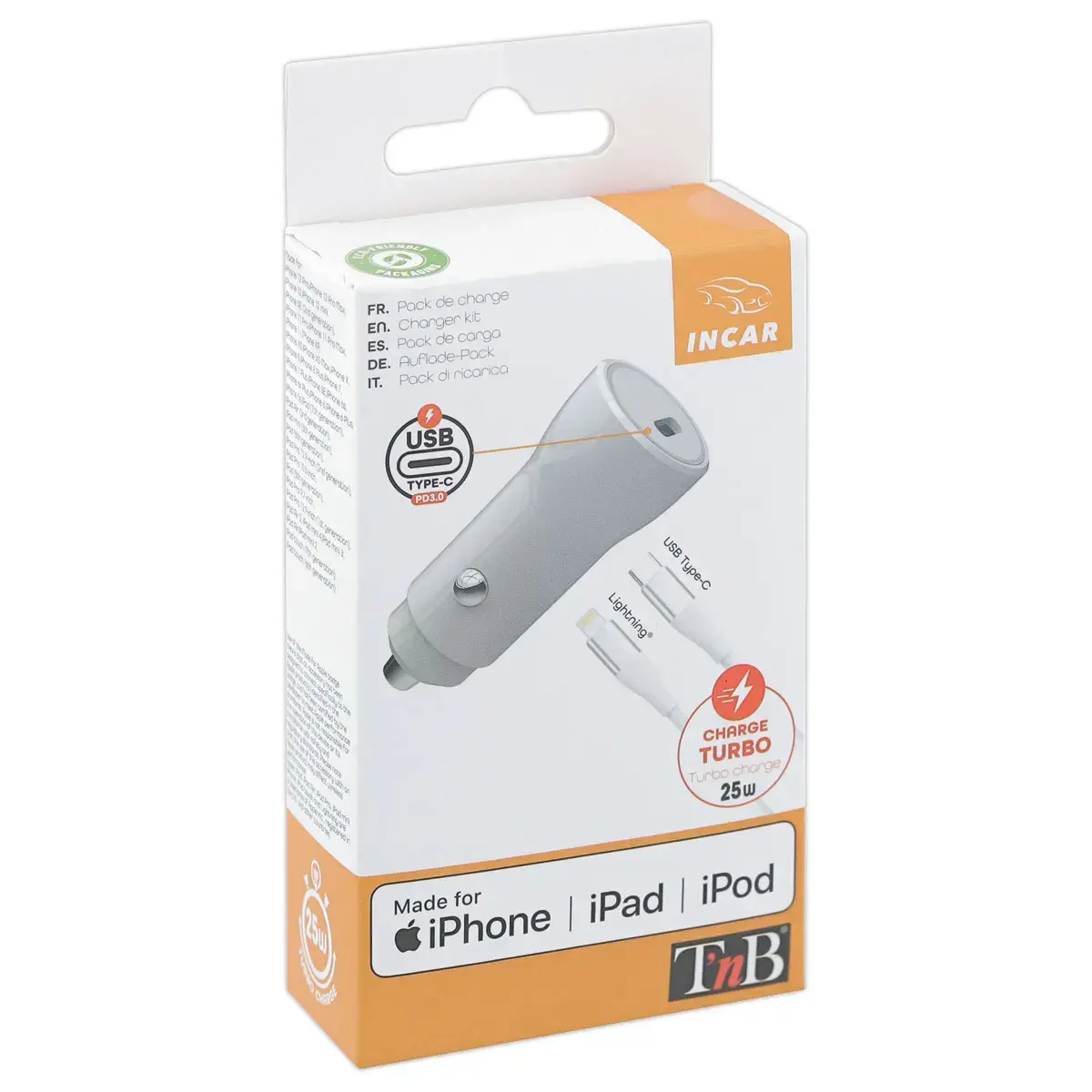 Chargeur voiture USB-C + câble Lightning 1M photo du produit