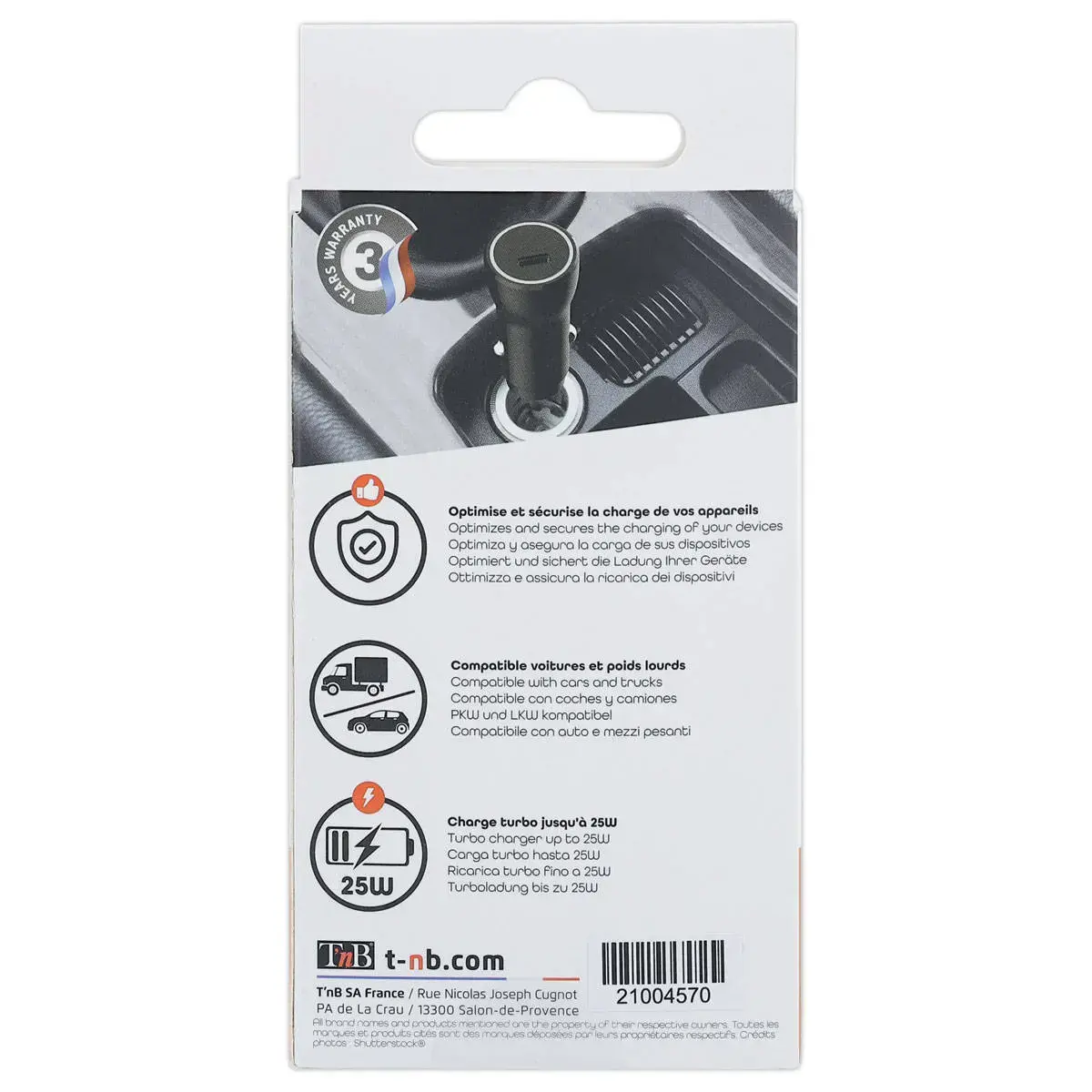 Chargeur voiture USB-C + câble type C 1M photo du produit