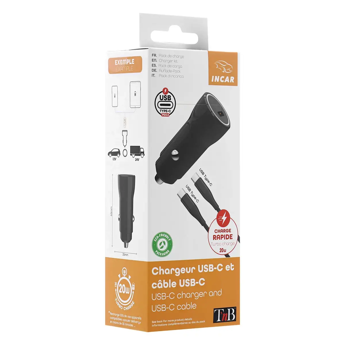 Chargeur voiture USB-C + c&acirc;ble type C 1M photo du produit