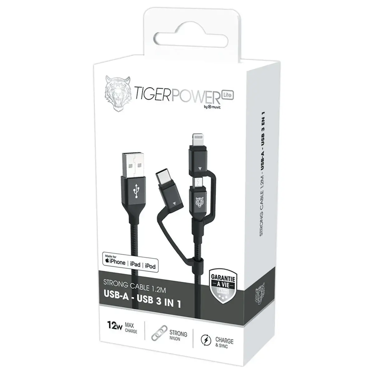 C&acirc;ble de charge 3en1 USB-A/USB-C/Lightning/Micro-USB 1,2m photo du produit