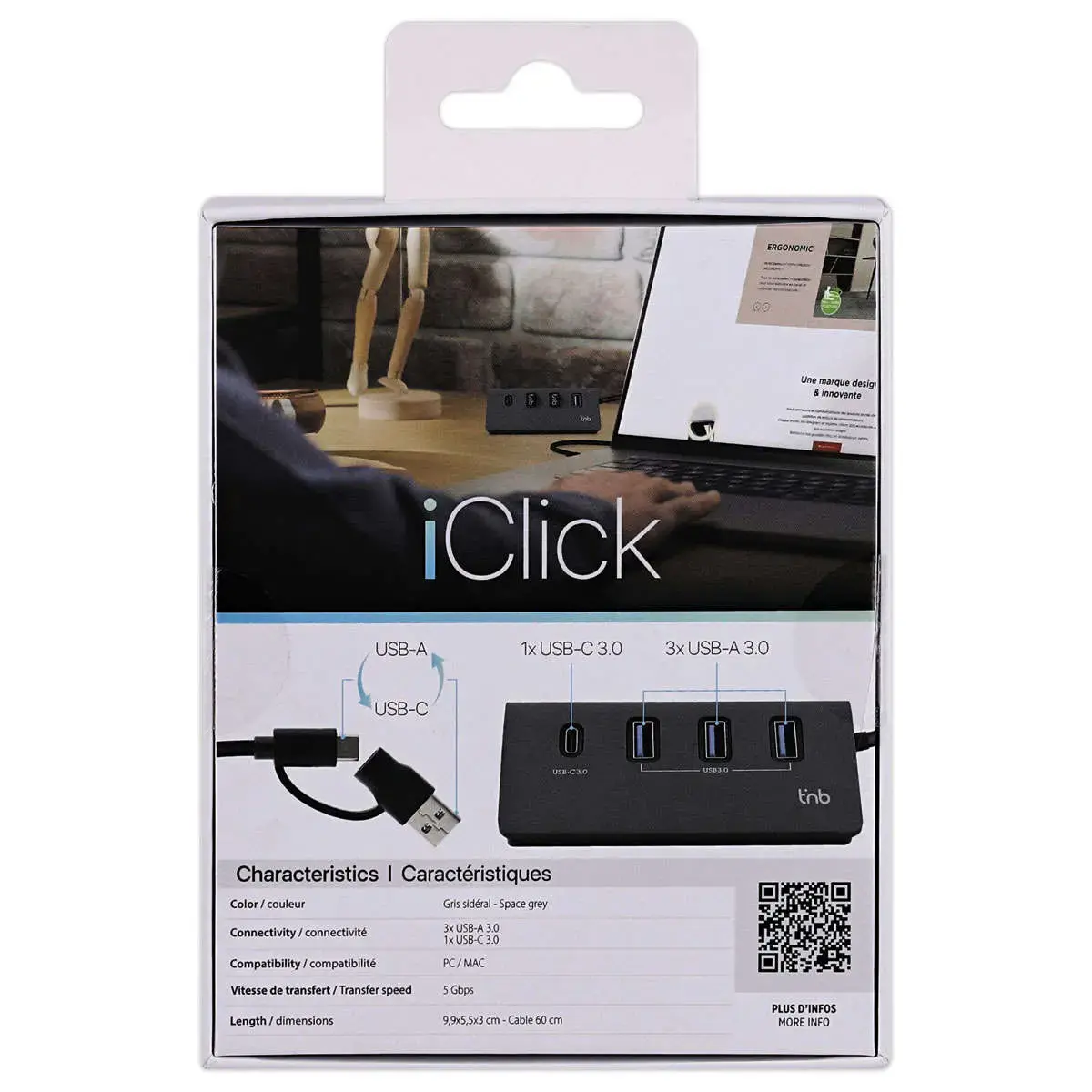 Hub 4 en 1 USB-A & USB-C 3.0 en aluminium vers 3x USB-A + 1xUSB-C photo du produit