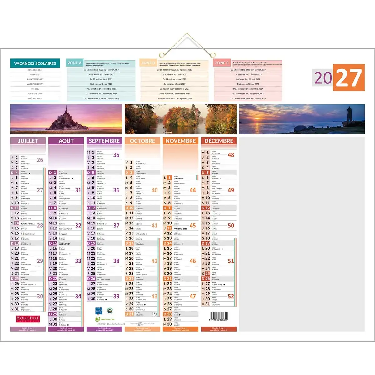 Calendrier banque Bouchut 4 saisons effa&ccedil;able 12 mois - 55 x 43 cm photo du produit