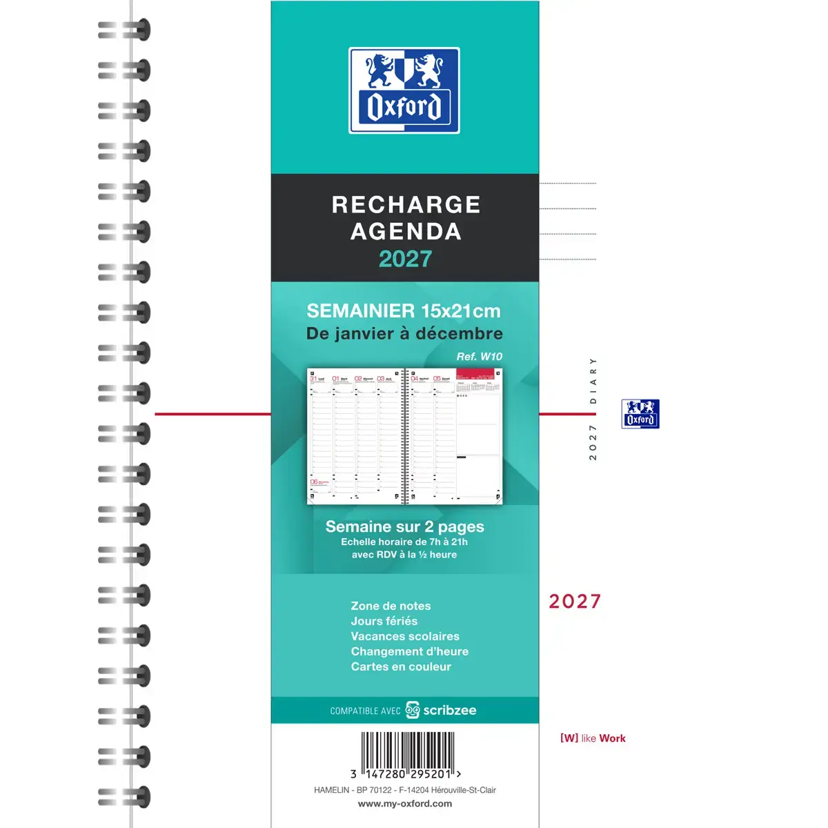 Recharge agenda janvier-d&eacute;cembre semainier Oxford Int&eacute;grale 15 x 21cm photo du produit