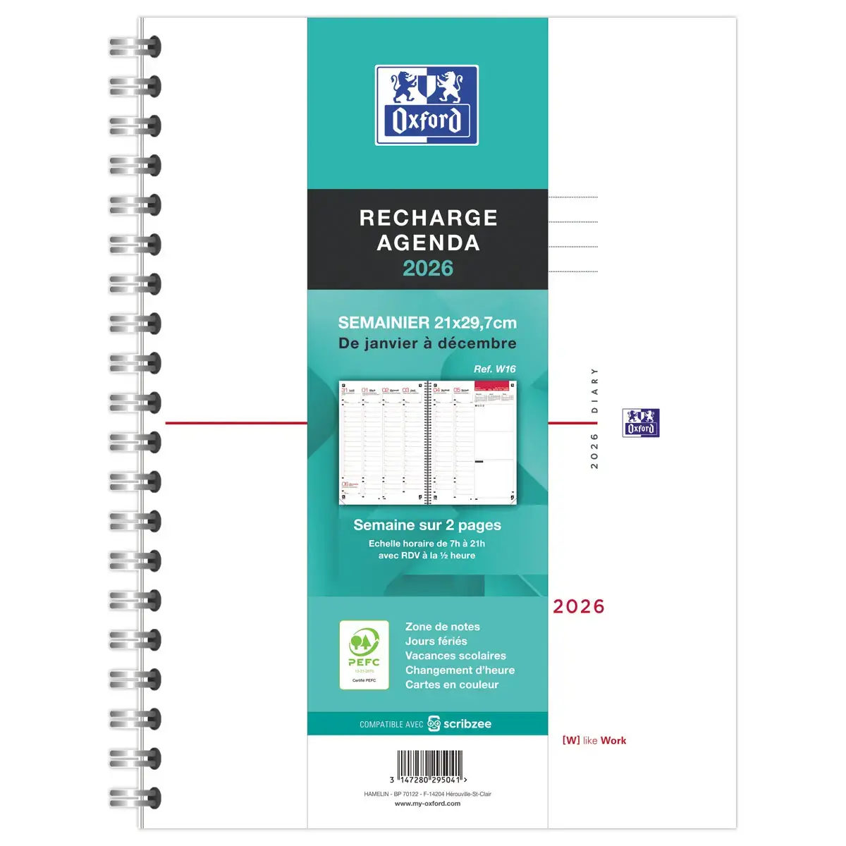 Recharge agenda janvier-d&eacute;cembre semainier Oxford Int&eacute;grale 21x29,7cm photo du produit