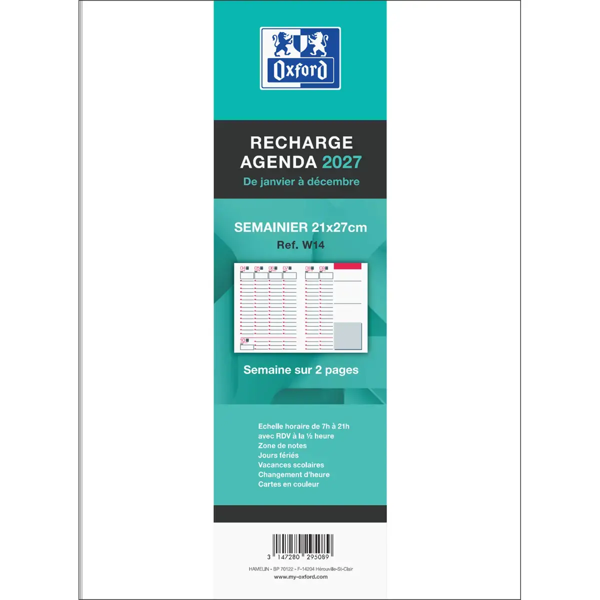 Recharge agenda janvier-d&eacute;cembre semainier Oxford Cousue 21 x 27 cm photo du produit