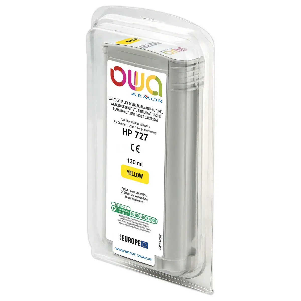 Cartouche B45554OW OWA pour traceurs compatible HP 727 130 ml - Jaune photo du produit