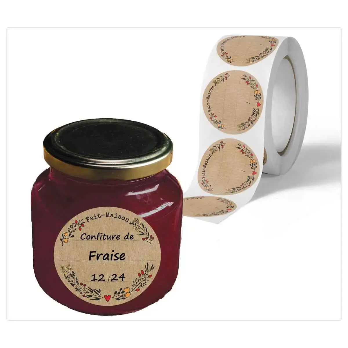 Rouleau de 500 &eacute;tiquettes confiture impression kraft &Oslash; 47,5mm photo du produit